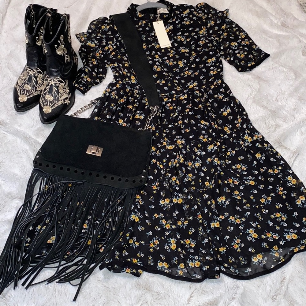 Roolee black floral tiered ruffle delicate  midi dress NWT Size  XXS